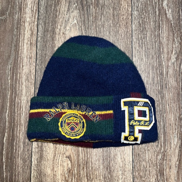 Polo Ralph Lauren Varsity P Patch Logo Striped Wool Beanie - Picture 1 of 5